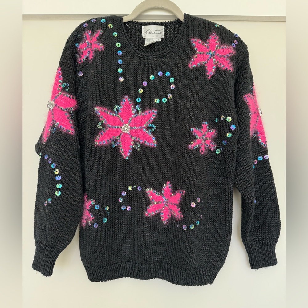 Vintage Christine 80's Retro Hot Pink Floral Sweater Rare Small Holiday Barbie